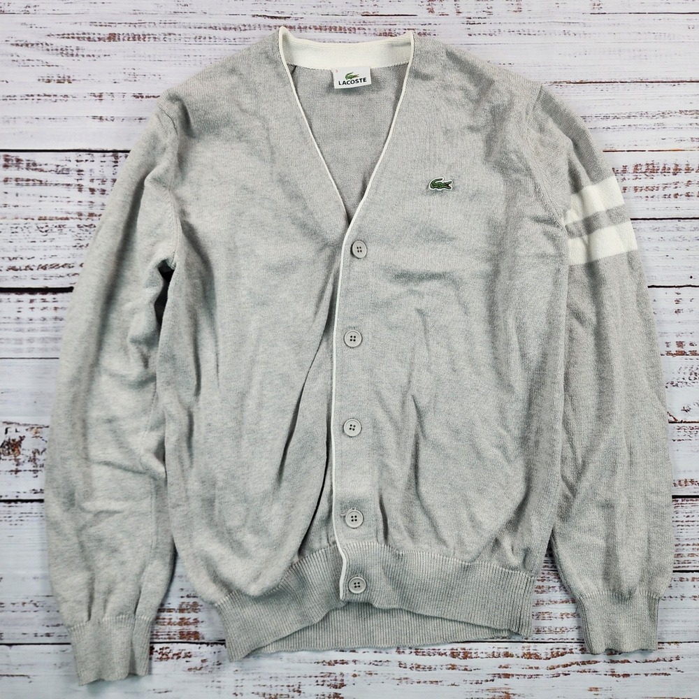 Lacoste Mens Gray Knit Cardigan Sweater Varsity Stripe V-Neck Crocodile Logo 3 S